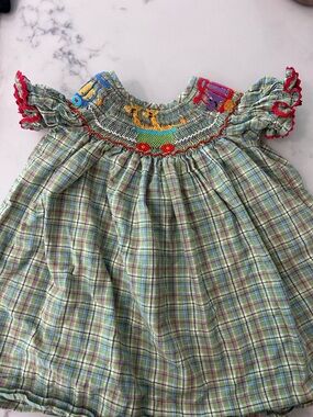 Unlisted Green Plaid Smocked Dress with Multicolor Embroidery